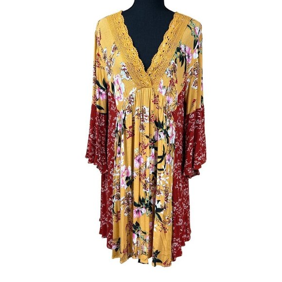 Umgee Red Gold Floral Peasant Babydoll Crochet Rayon Flared Sleeve Dress Size L - Picture 2 of 9